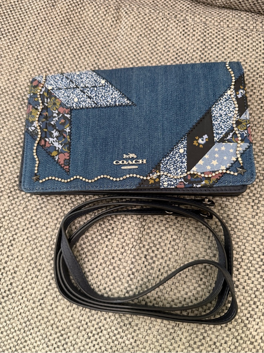 Coach Denim Patchwork Crossbody limited edition in Blue with Floral Accents.